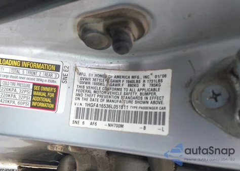 2006 Honda Civic Lx из США, поврежденный, VIN 1HGFA16536L051811